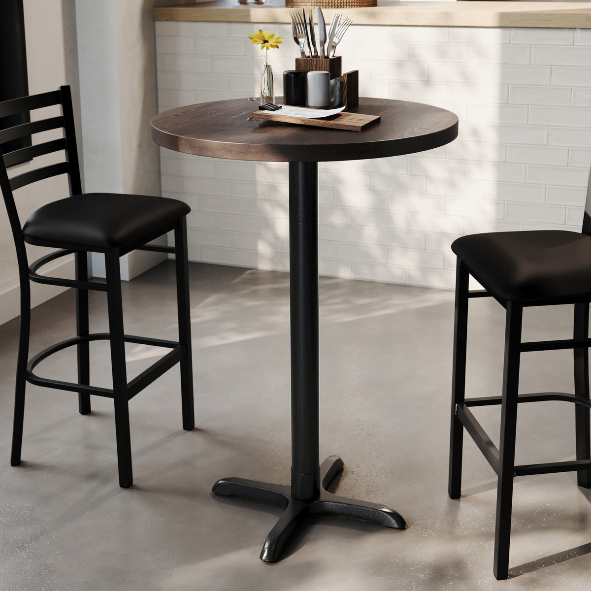 30" Round Solid Wood Commercial Tabletop with 22" x 22" Bar Height X-Base - Image 2