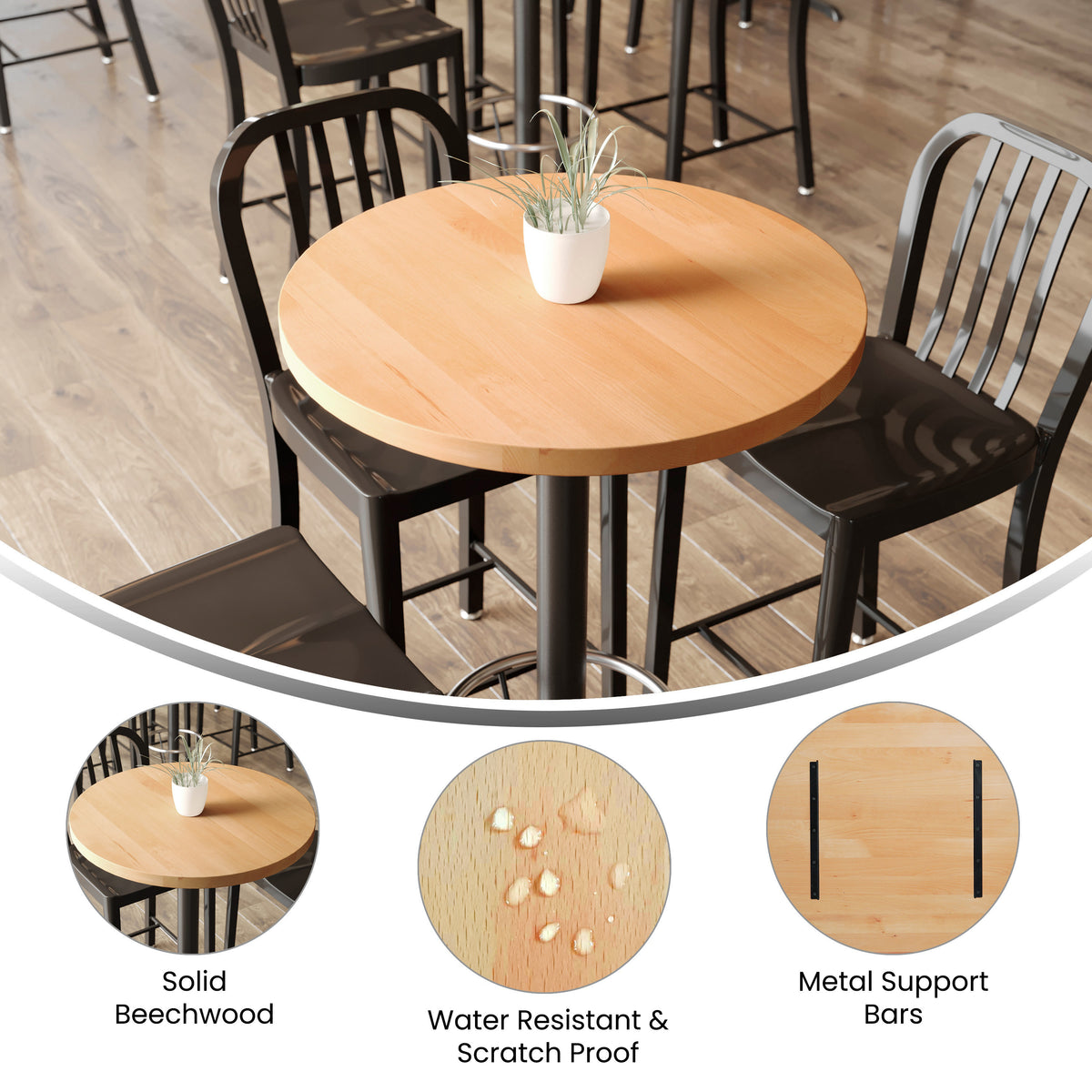 30" Round Commercial Solid Wood Tabletop with Support Bars for Indoor Use - Image 3