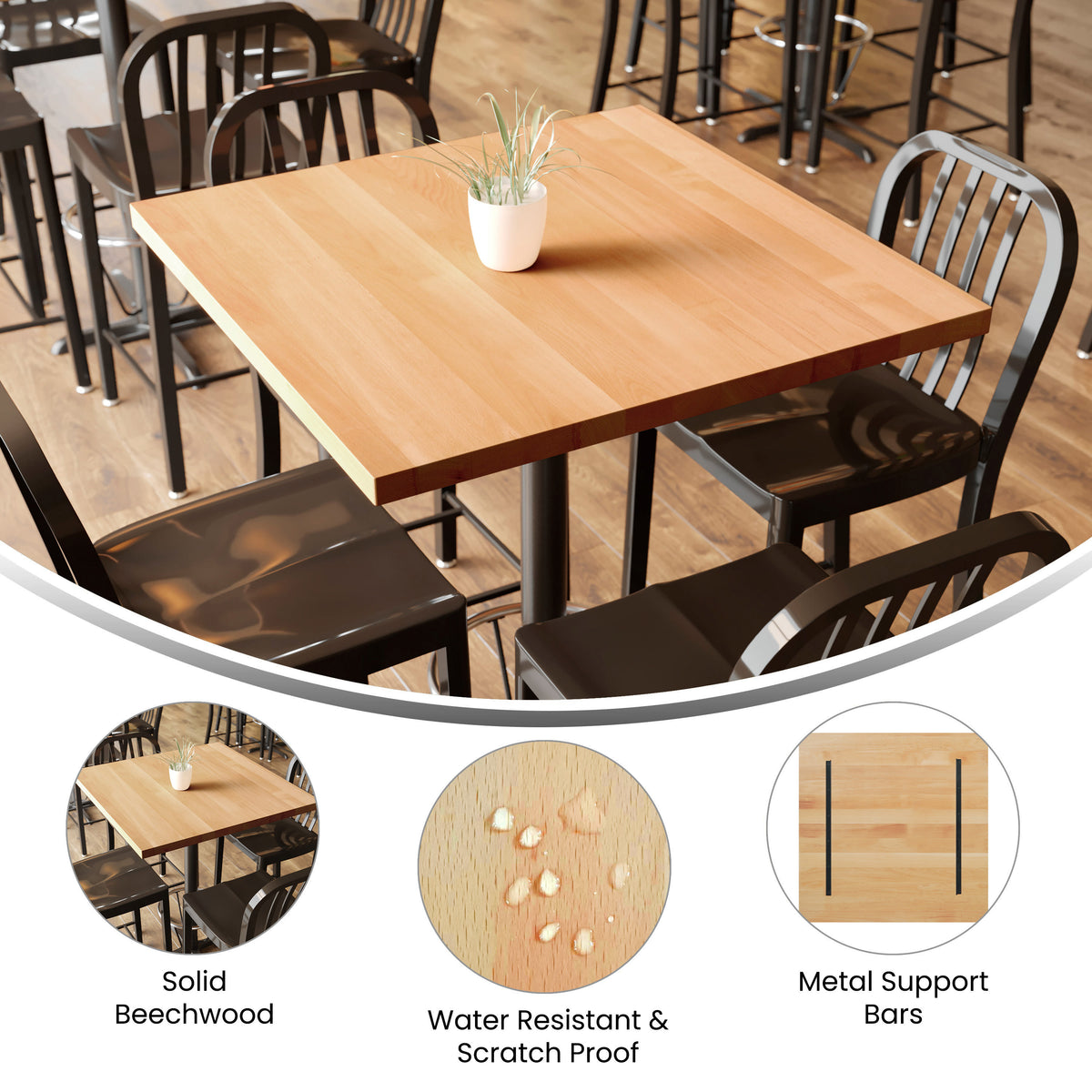 36" Square Commercial Solid Wood Tabletop with Support Bars for Indoor Use - Image 3