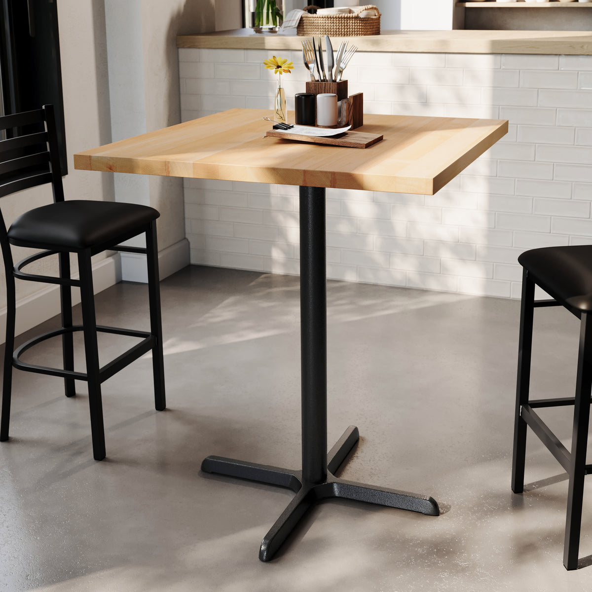 36" Square Solid Wood Commercial Tabletop with 30" x 30" Bar Height X-Base - Image 2
