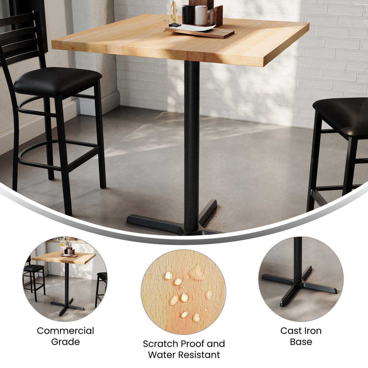 36" Square Solid Wood Commercial Tabletop with 30" x 30" Bar Height X-Base - Image 3