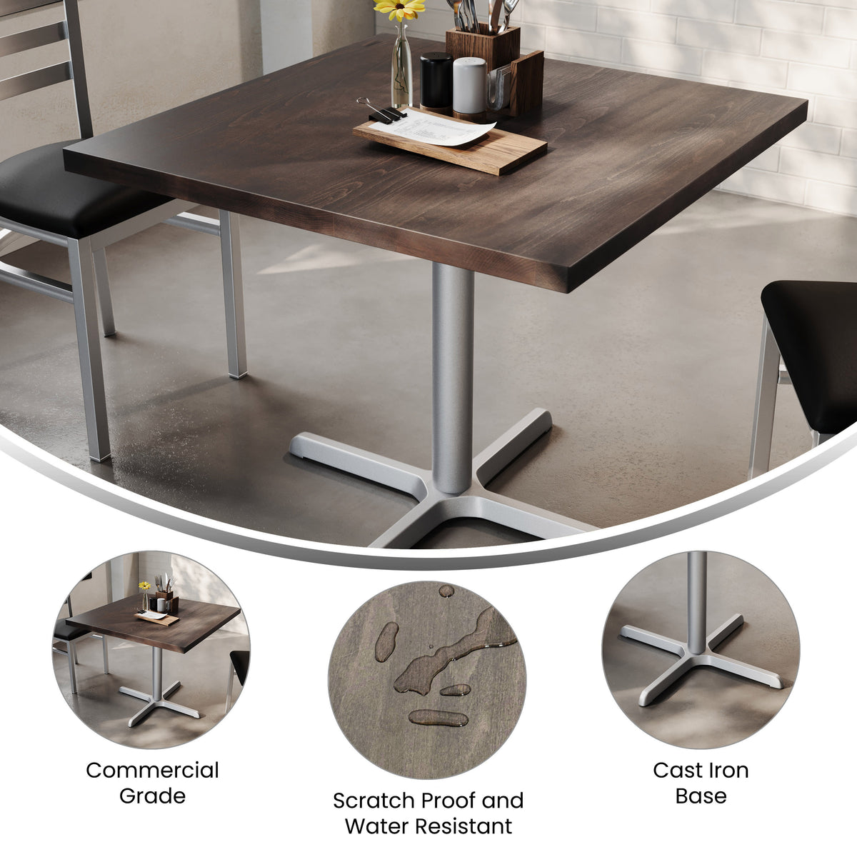 36" Square Solid Wood Commercial Tabletop with 30" x 30" Dining Height X-Base - Image 3