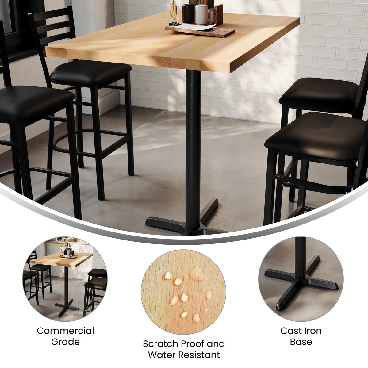 48"L x 30"W Solid Wood Commercial Tabletop with 23.5" x 29.5" Bar Height X-Base - Image 3