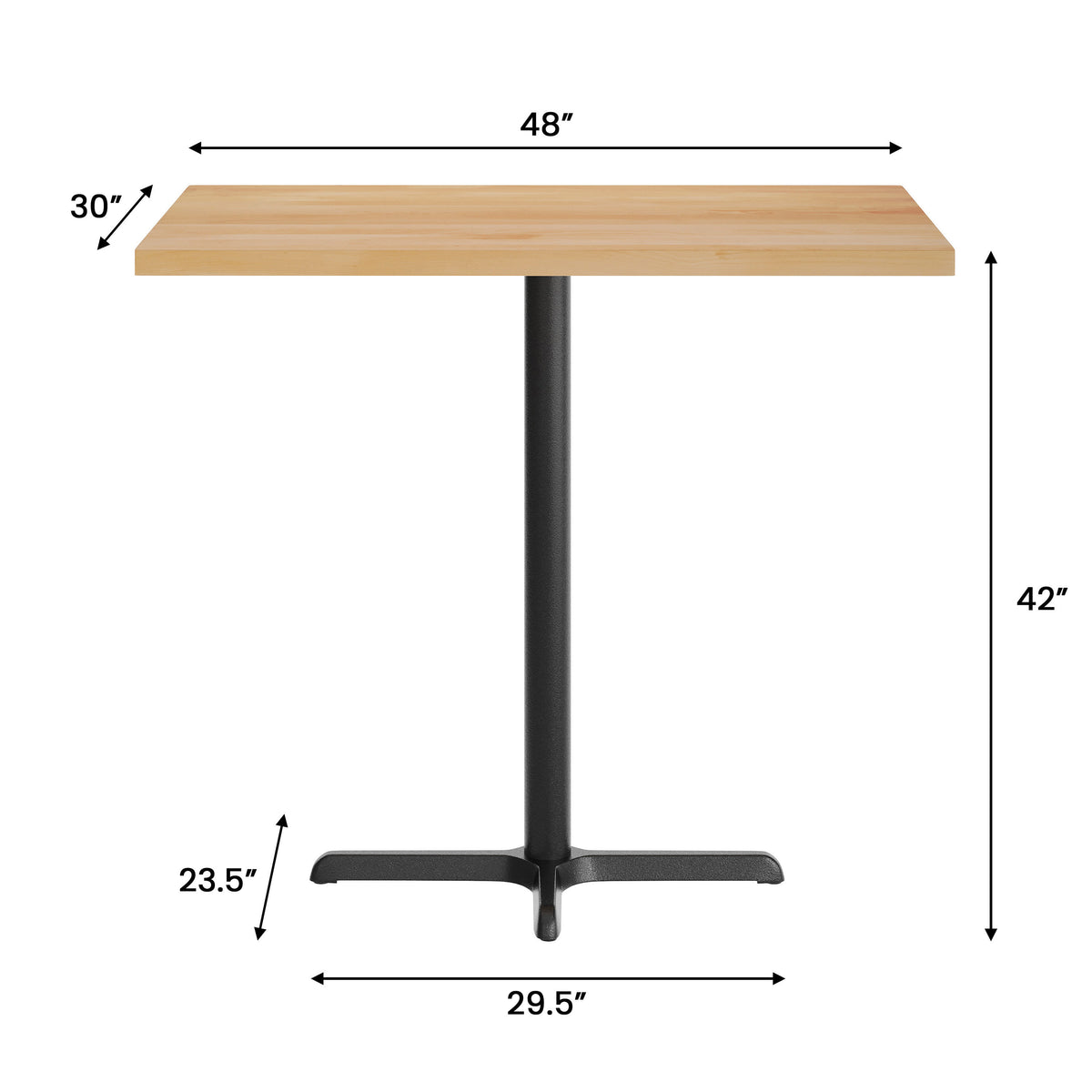 48"L x 30"W Solid Wood Commercial Tabletop with 23.5" x 29.5" Bar Height X-Base - Image 4