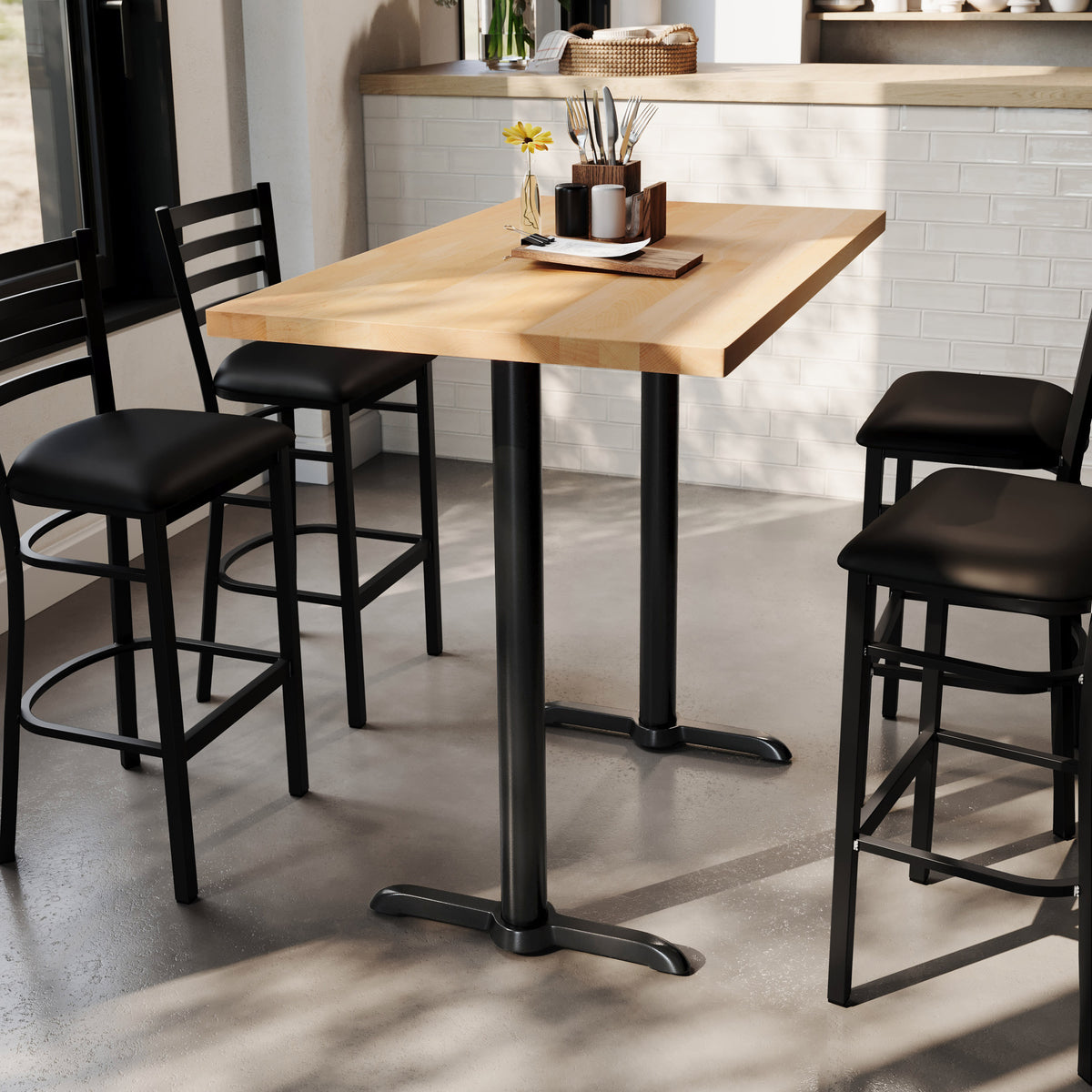 48"L x 30"W Solid Wood Commercial Tabletop w/ Dual 22" x 22" Bar Height T-Bases - Image 2