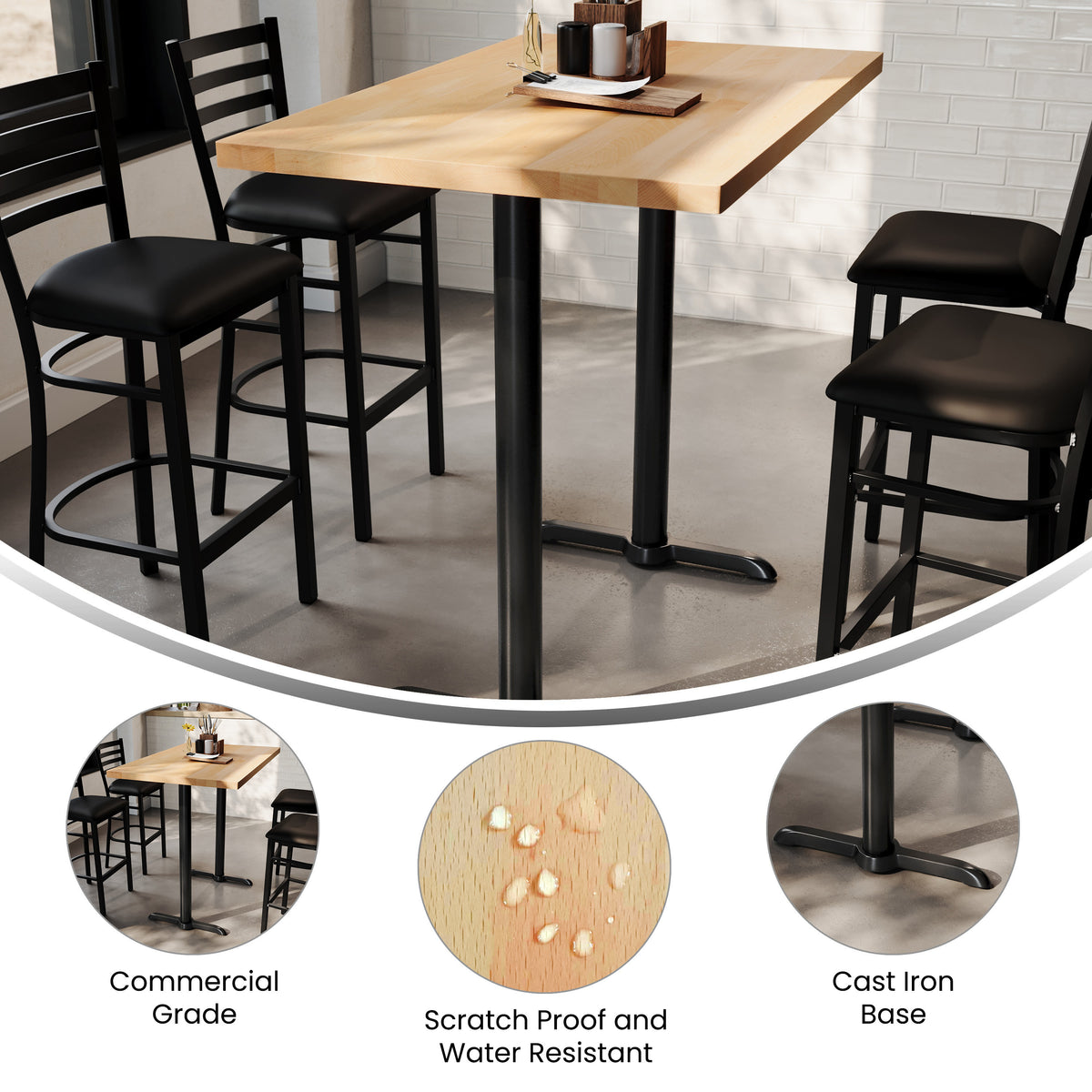 48"L x 30"W Solid Wood Commercial Tabletop w/ Dual 22" x 22" Bar Height T-Bases - Image 3