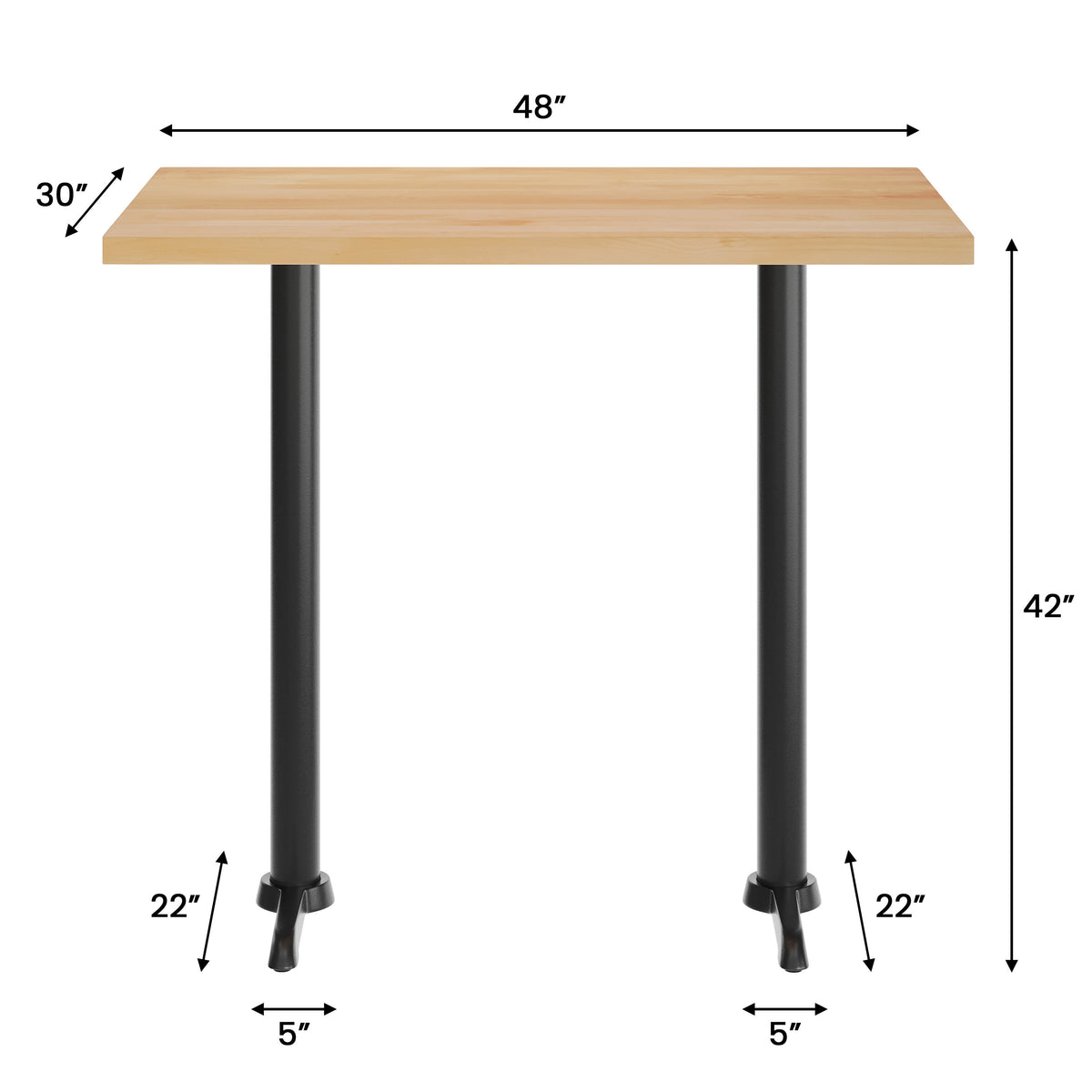 48"L x 30"W Solid Wood Commercial Tabletop w/ Dual 22" x 22" Bar Height T-Bases - Image 4