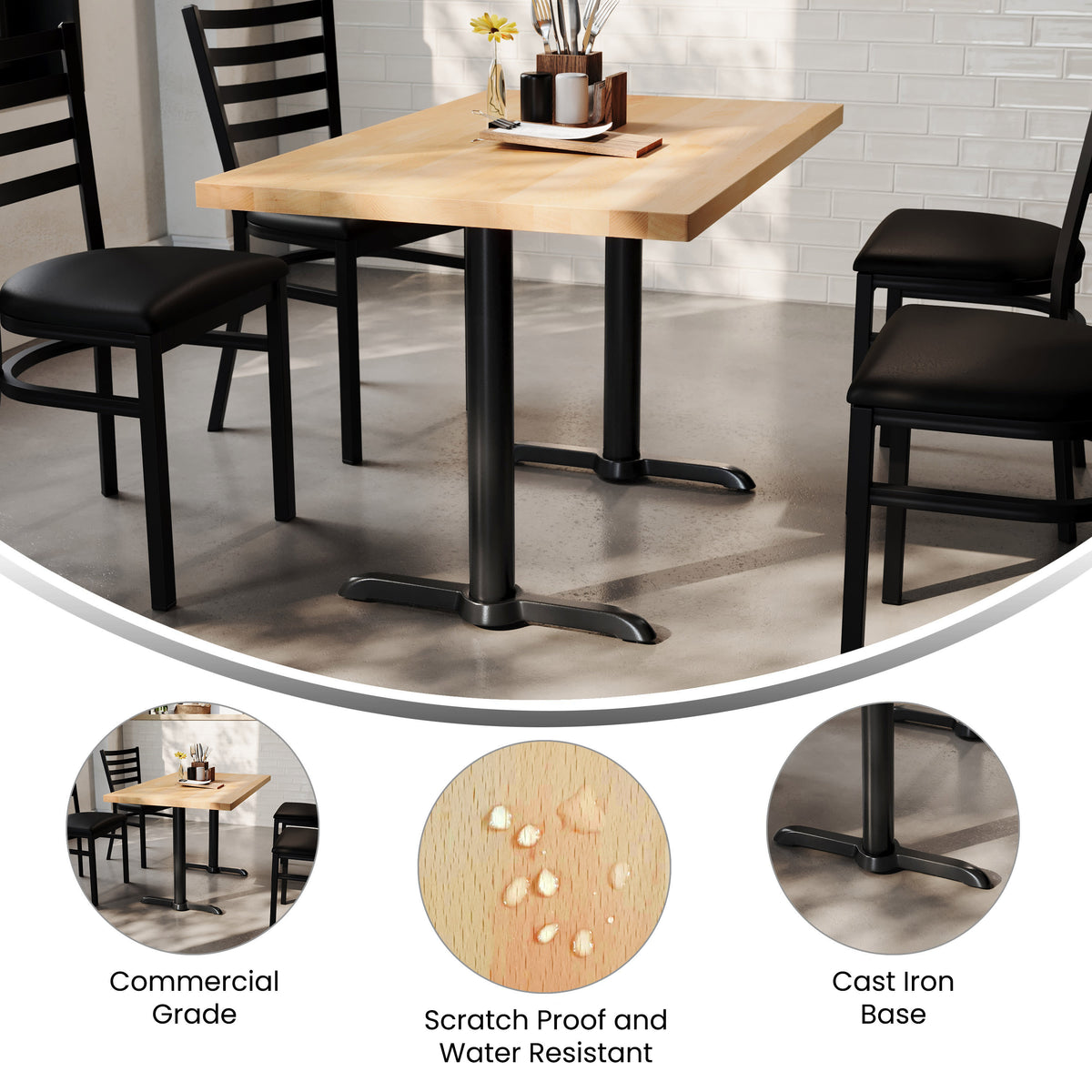 48"L x 30"W Solid Wood Commercial Tabletop w/Two 22" x 22" Dining Height T-Bases - Image 3