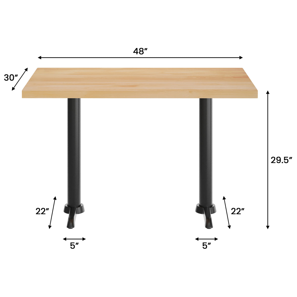 48"L x 30"W Solid Wood Commercial Tabletop w/Two 22" x 22" Dining Height T-Bases - Image 4