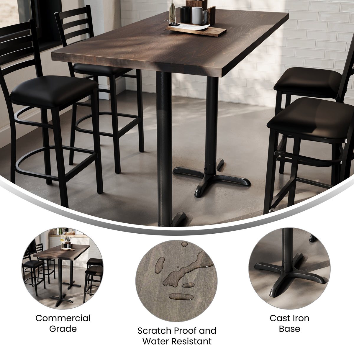 60"L x 30"W Solid Wood Commercial Tabletop with 22" x 22" Bar Height X-Base - Image 3