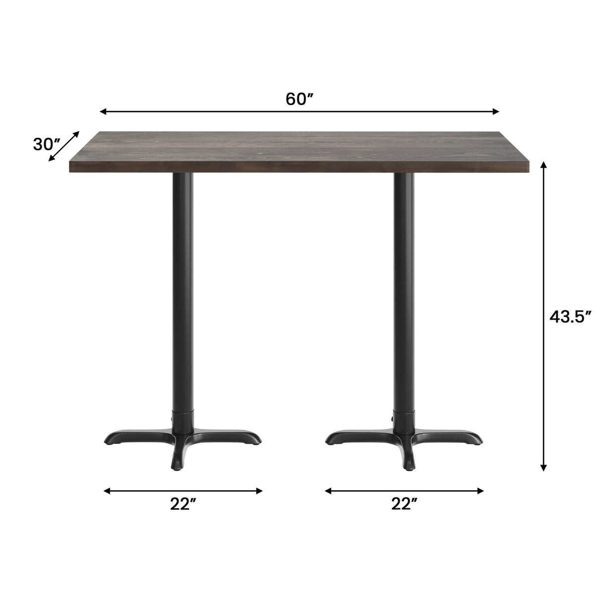 60"L x 30"W Solid Wood Commercial Tabletop with 22" x 22" Bar Height X-Base - Image 4