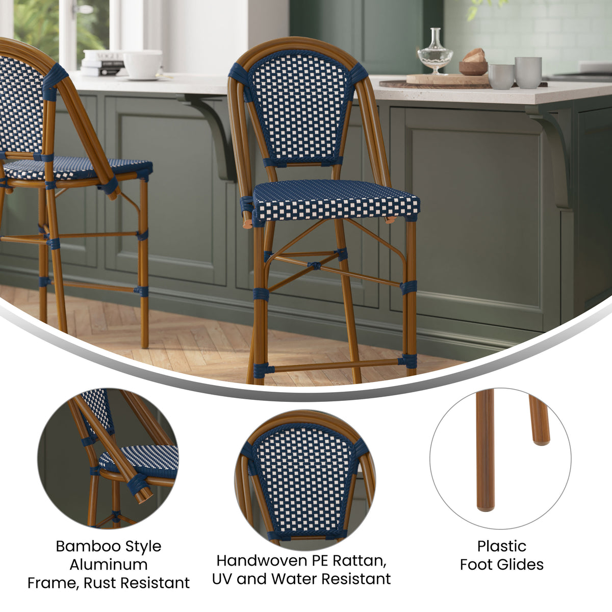 All-Weather Commercial Paris Stool with Bamboo Print Metal Frame - Image 3