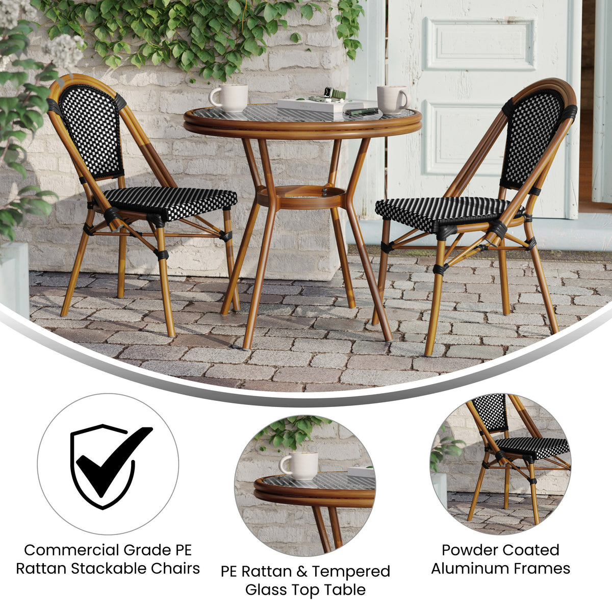 Indoor/Outdoor Commercial Bistro Set with Table and Two Chairs - Image 3