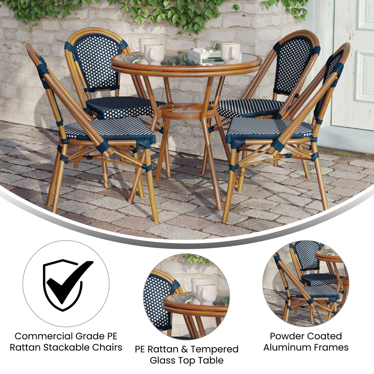 Indoor/Outdoor Commercial Bistro Set with Table and Four Chairs - Image 3