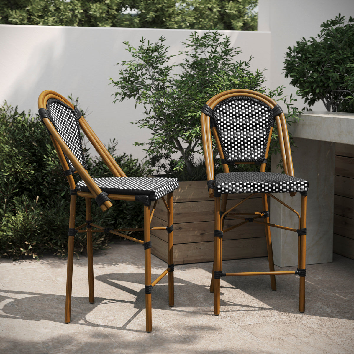 2 Pack All-Weather Commercial Paris Stools with Bamboo Print Frame - Image 3