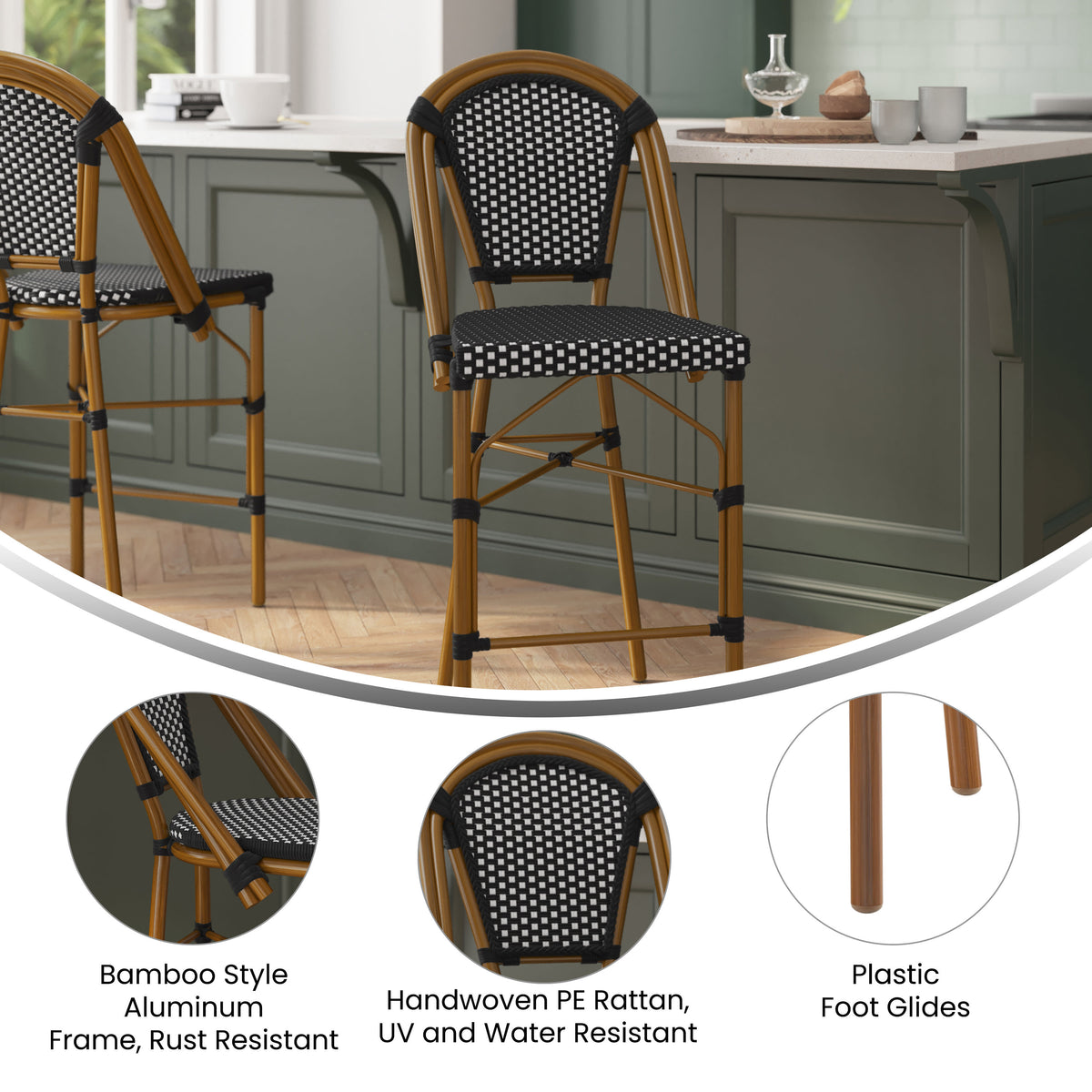 2 Pack All-Weather Commercial Paris Stools with Bamboo Print Frame - Image 4