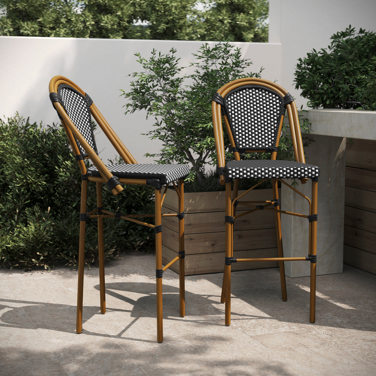 2 Pack All-Weather Commercial Paris Stools with Bamboo Print Frame - Image 3