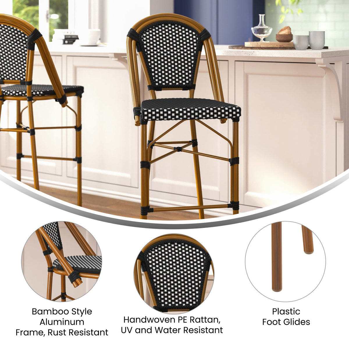 2 Pack All-Weather Commercial Paris Stools with Bamboo Print Frame - Image 4