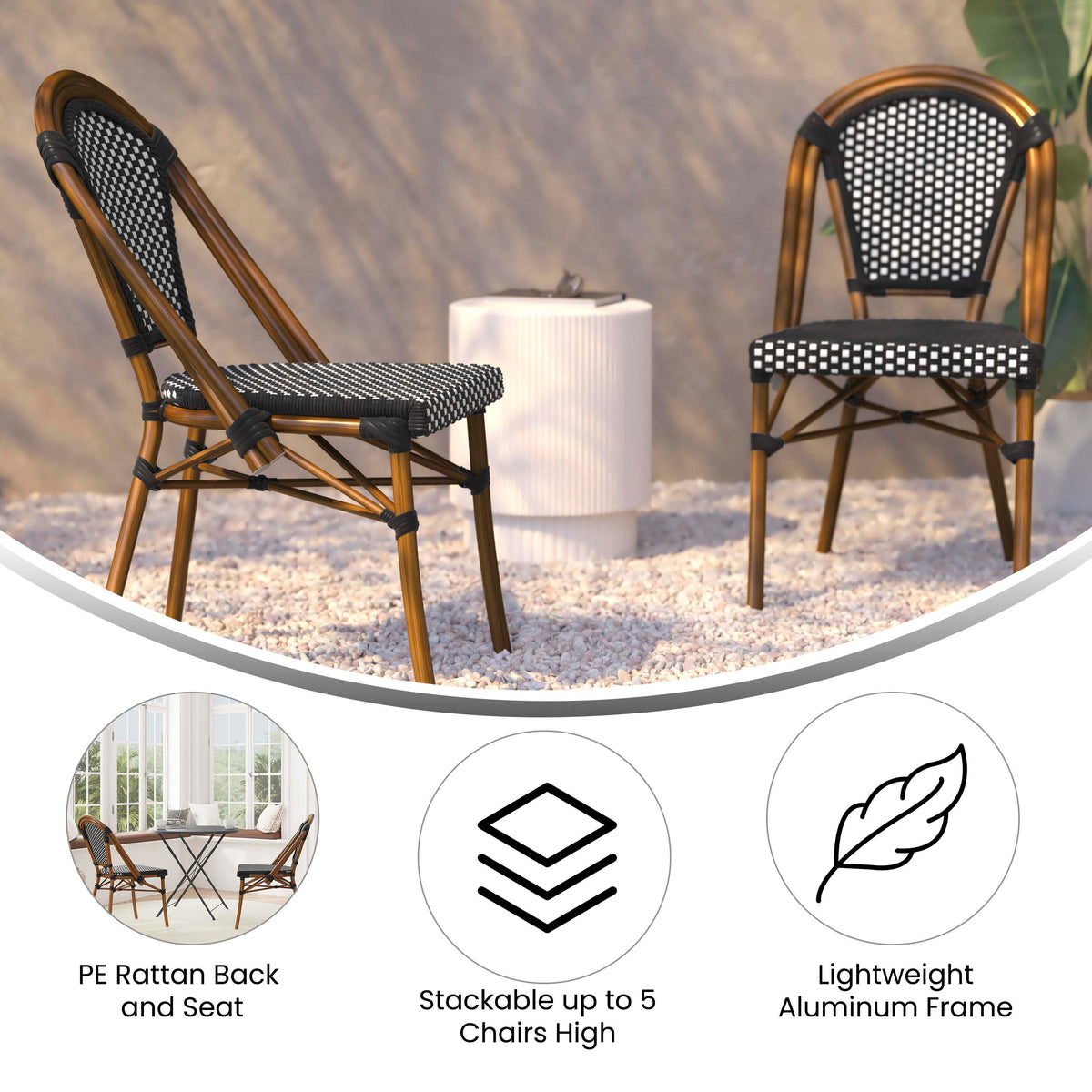 2 Pack All-Weather Commercial Paris Chairs with Bamboo Print Frame - Image 4