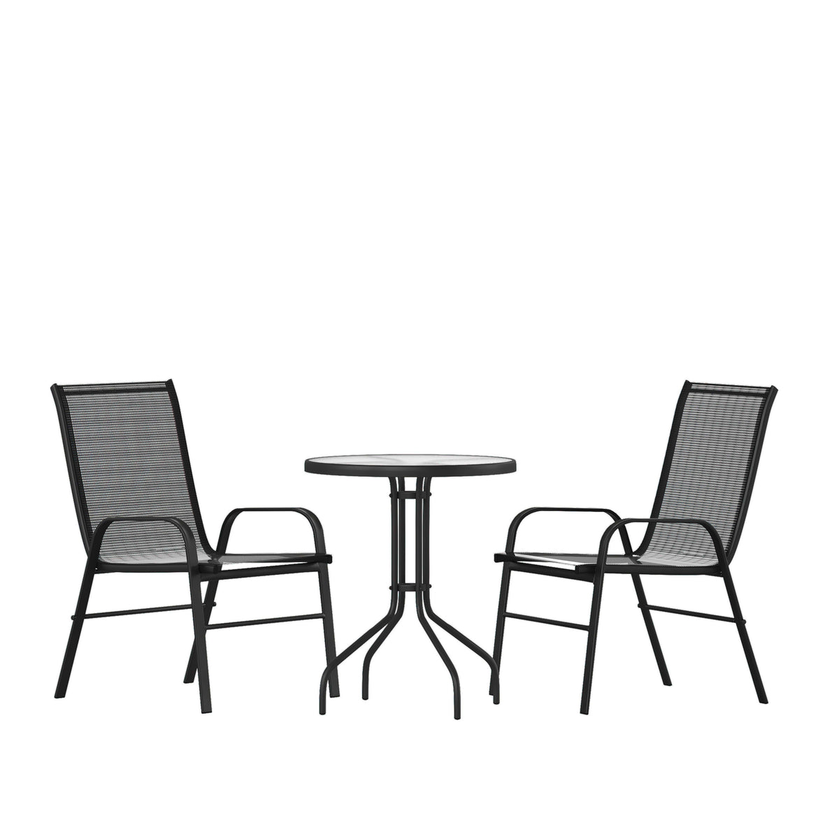 3 Piece Patio Dining Set - Glass Table, 2 Flex Stack Chairs