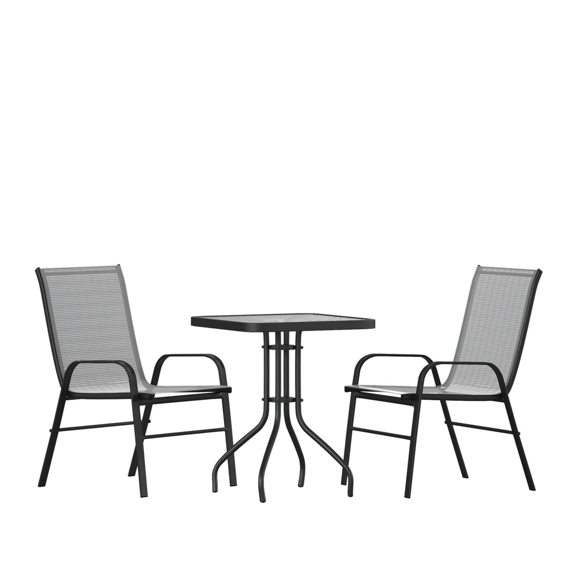 3 Piece Patio Dining Set - Glass Table, 2 Flex Stack Chairs