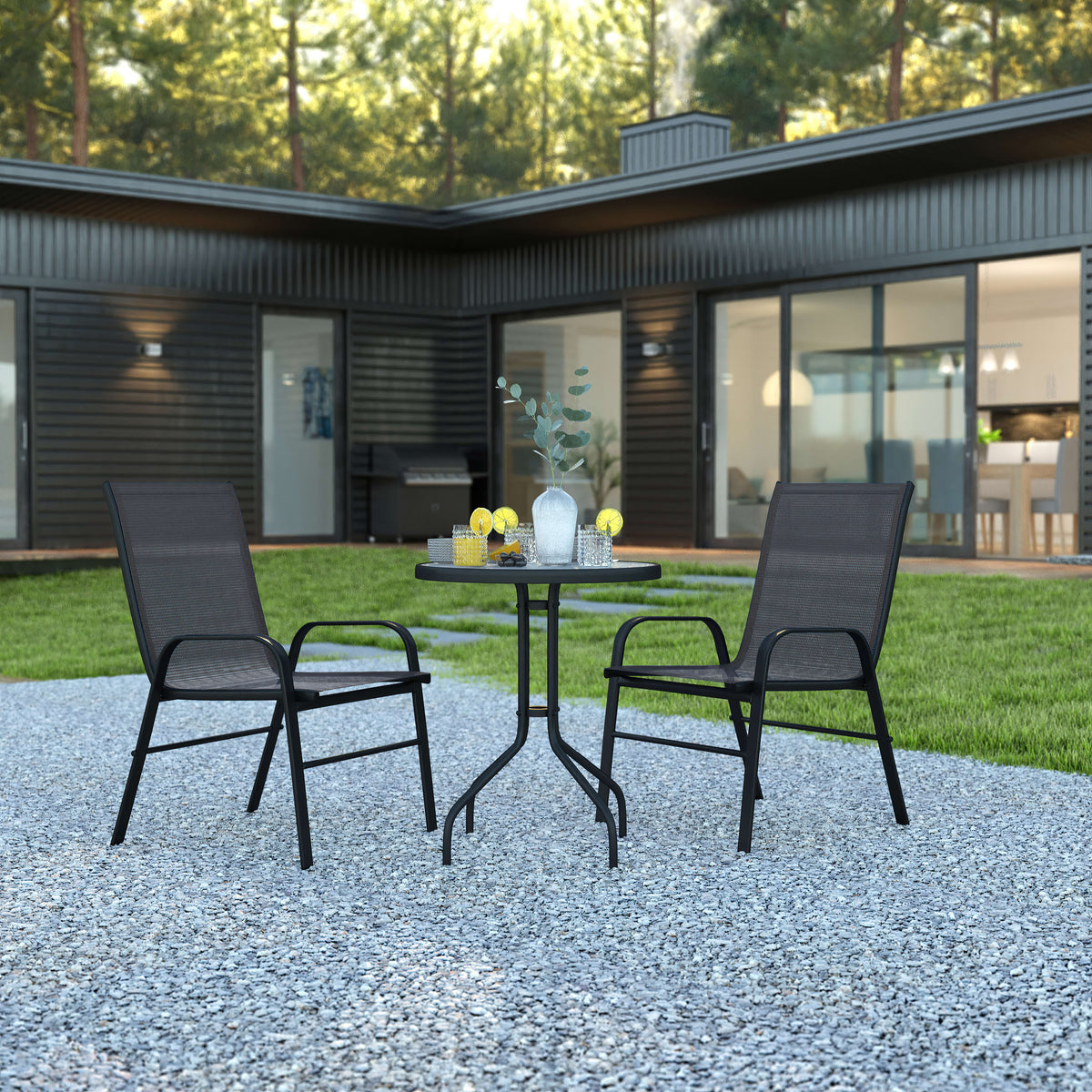 3 Piece Patio Dining Set - Glass Table, 2 Flex Stack Chairs - Image 2