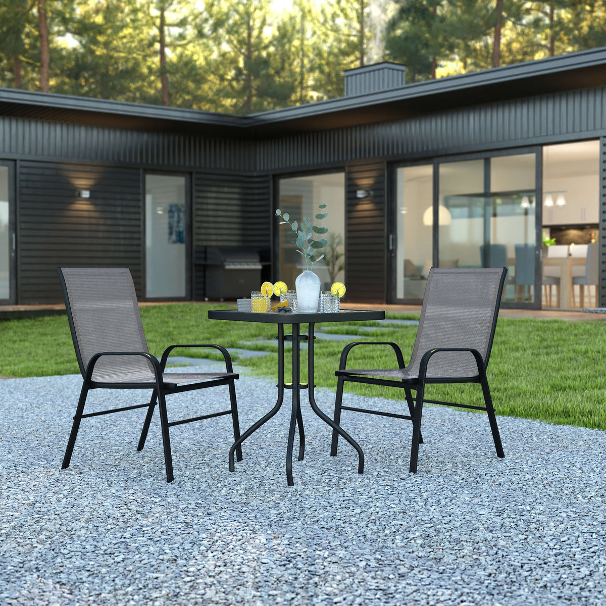 3 Piece Patio Dining Set - Glass Table, 2 Flex Stack Chairs - Image 2