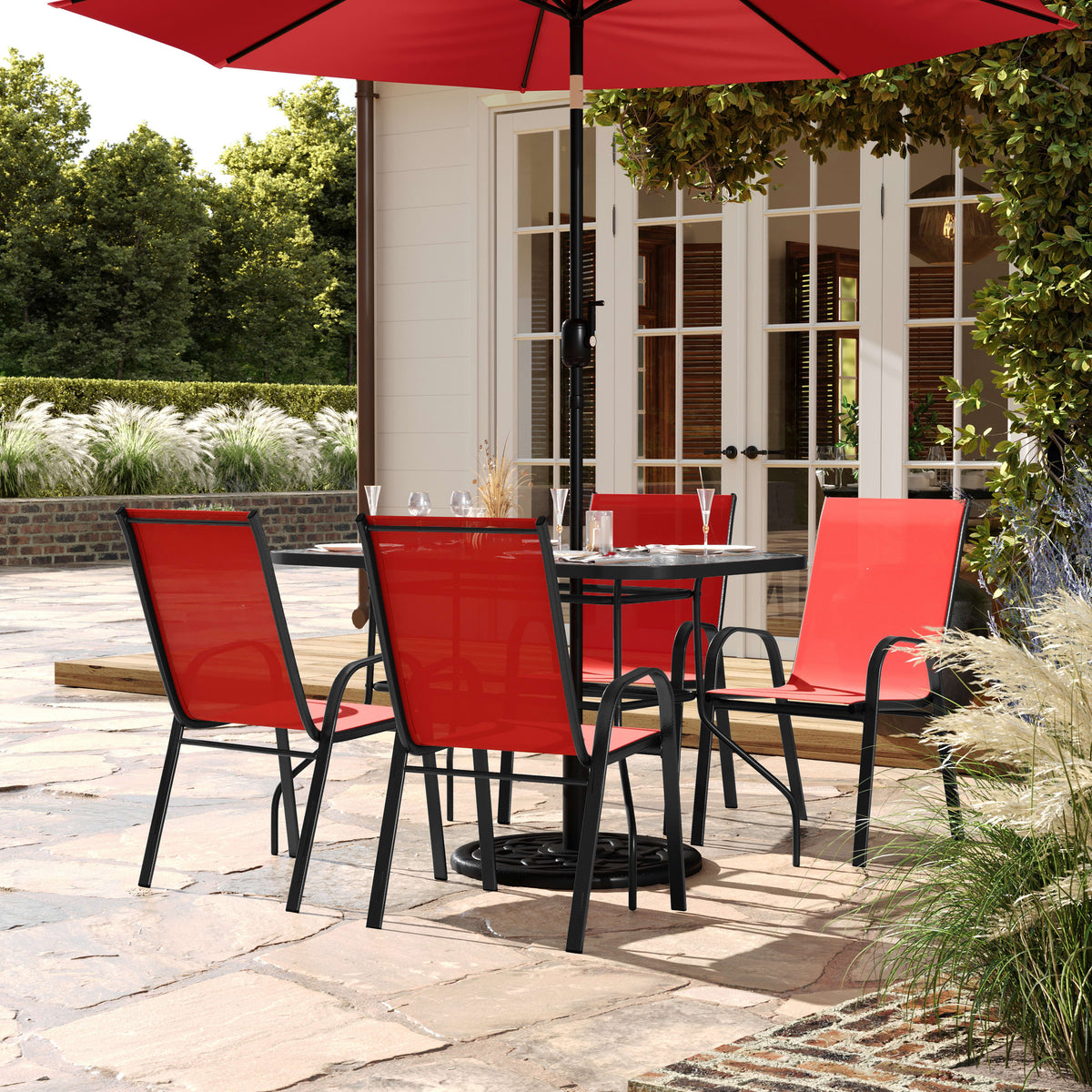 Commercial 5 Pc Outdoor Patio Dining Set with Glass Table and 4 Chairs - Image 2