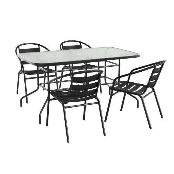 5 Piece Patio Dining Set - Glass Table, 4 Flex Stack Chairs