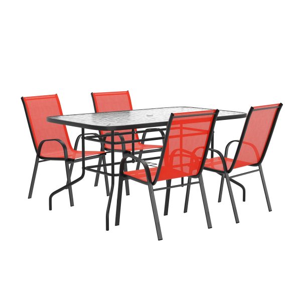 5 Piece Patio Dining Set - Glass Table, 4 Flex Stack Chairs