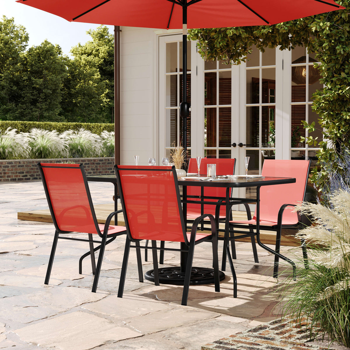 5 Piece Patio Dining Set - Glass Table, 4 Flex Stack Chairs - Image 2