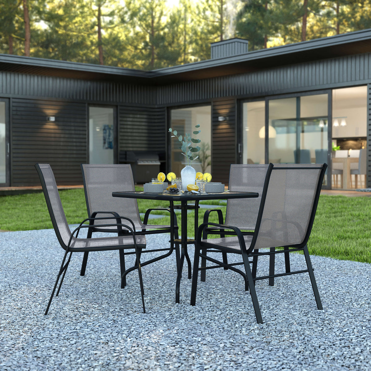 5 Piece Patio Dining Set - Glass Table, 4 Flex Stack Chairs - Image 2