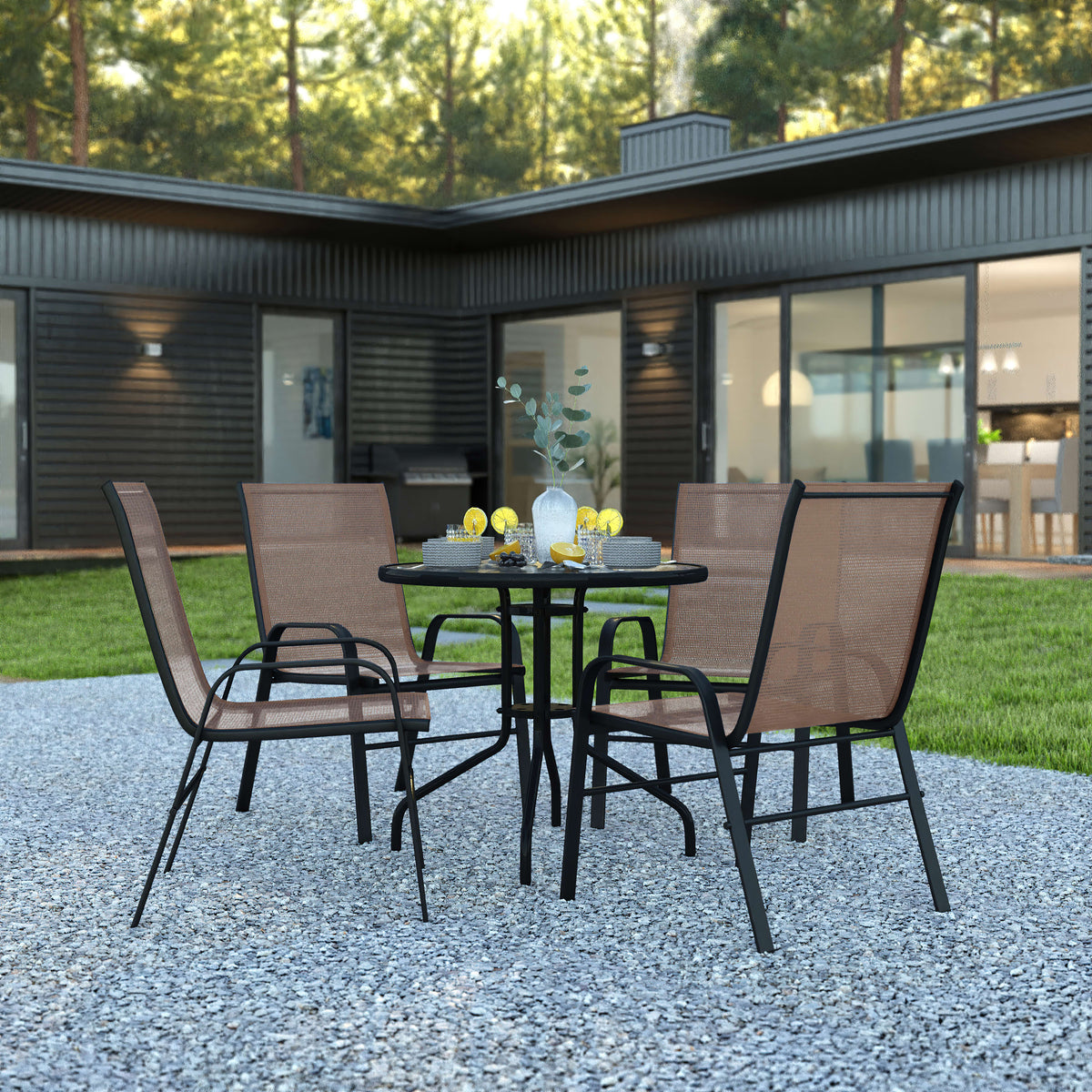 5 Piece Patio Dining Set - Glass Table, 4 Flex Stack Chairs - Image 2