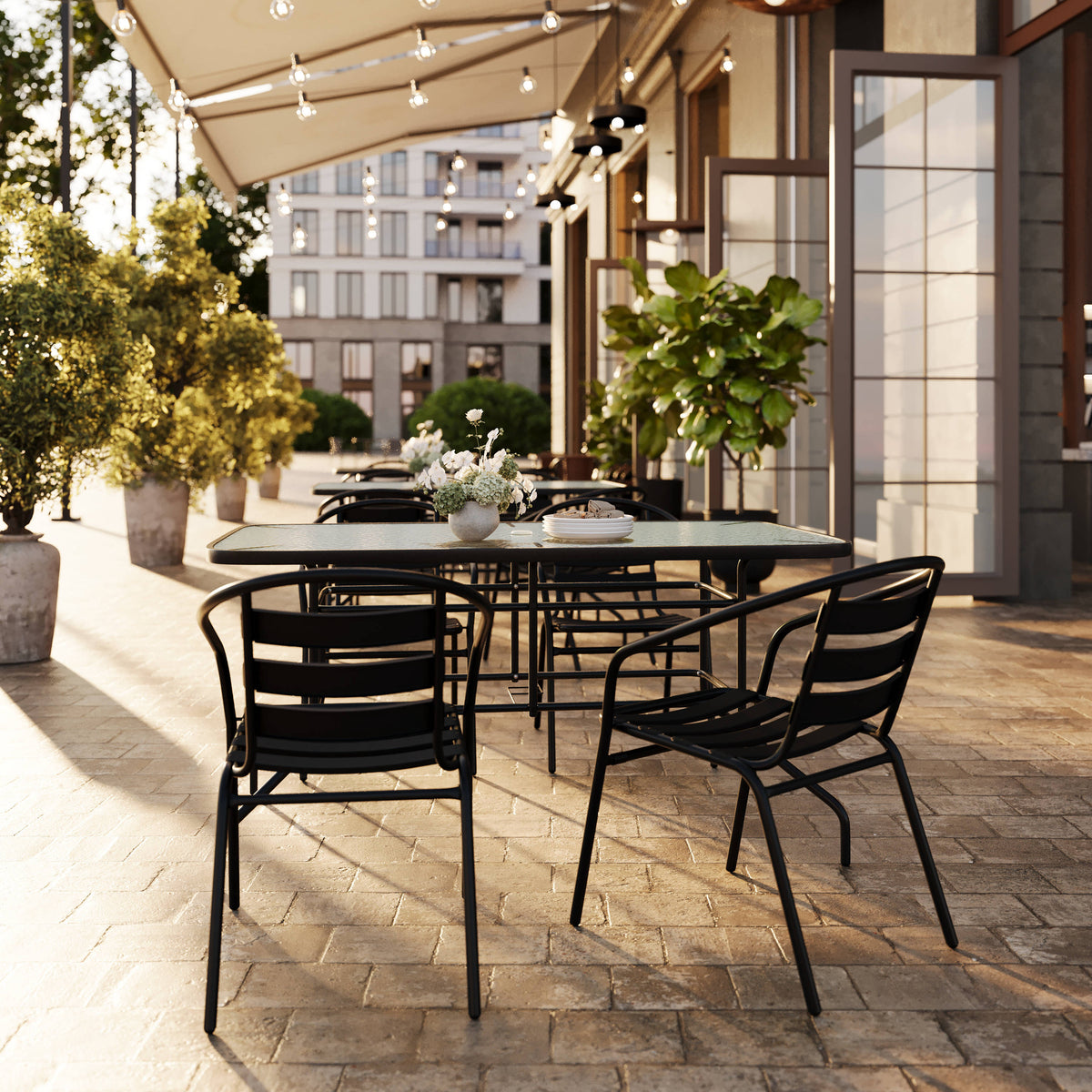 5 Piece Patio Dining Set - Glass Table, 4 Flex Stack Chairs - Image 2