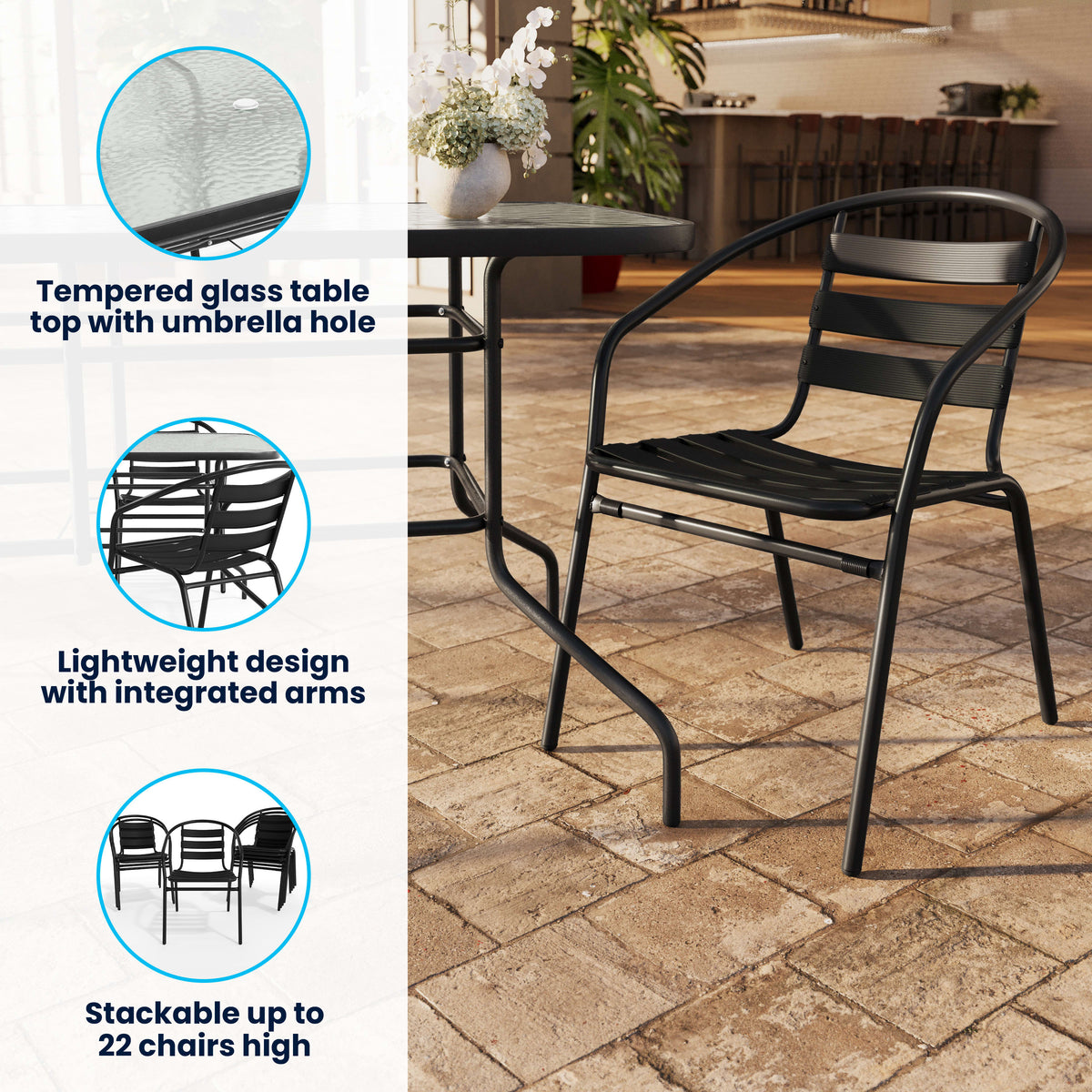 5 Piece Patio Dining Set - Glass Table, 4 Flex Stack Chairs - Image 3