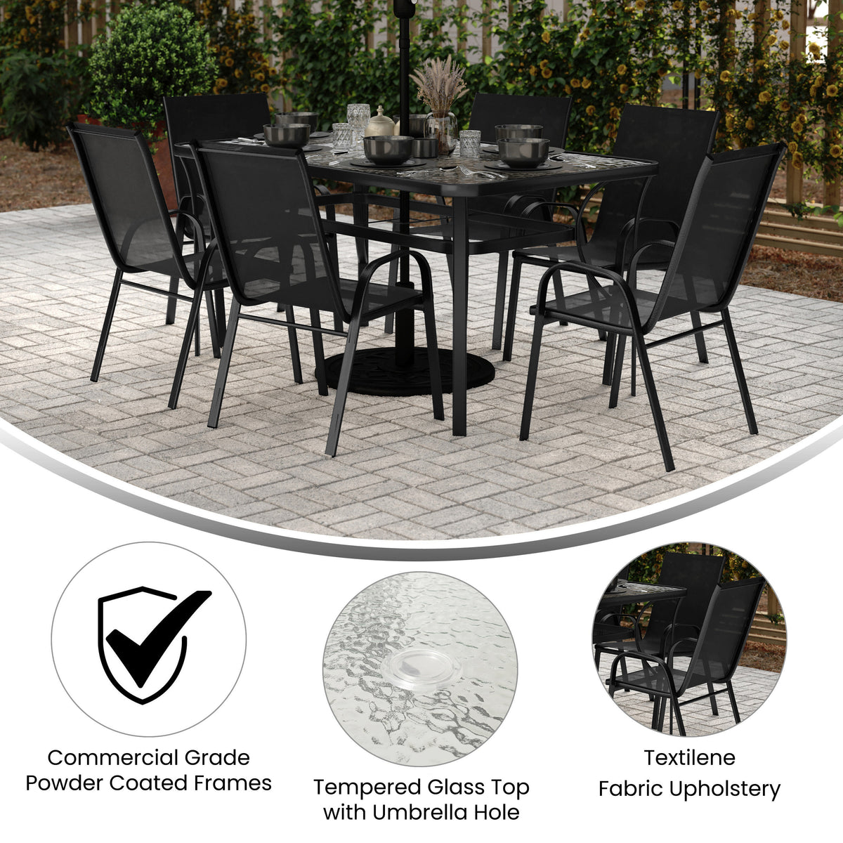 Commercial 7 Pc Outdoor Patio Dining Set with Glass Table and 6 Chairs - Image 3