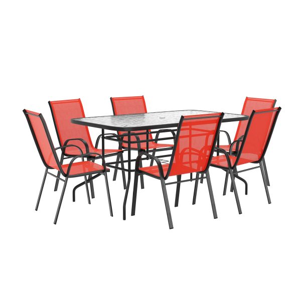 7 Piece Patio Dining Set - Glass Table, 6 Flex Stack Chairs