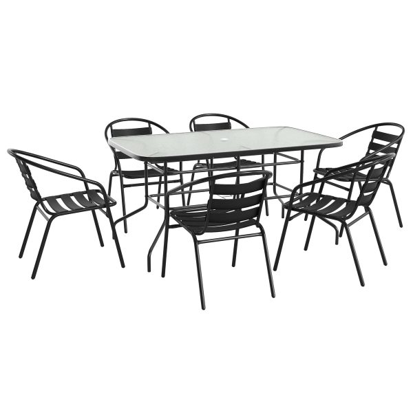 7 Piece Patio Dining Set - Glass Table, 6 Flex Stack Chairs