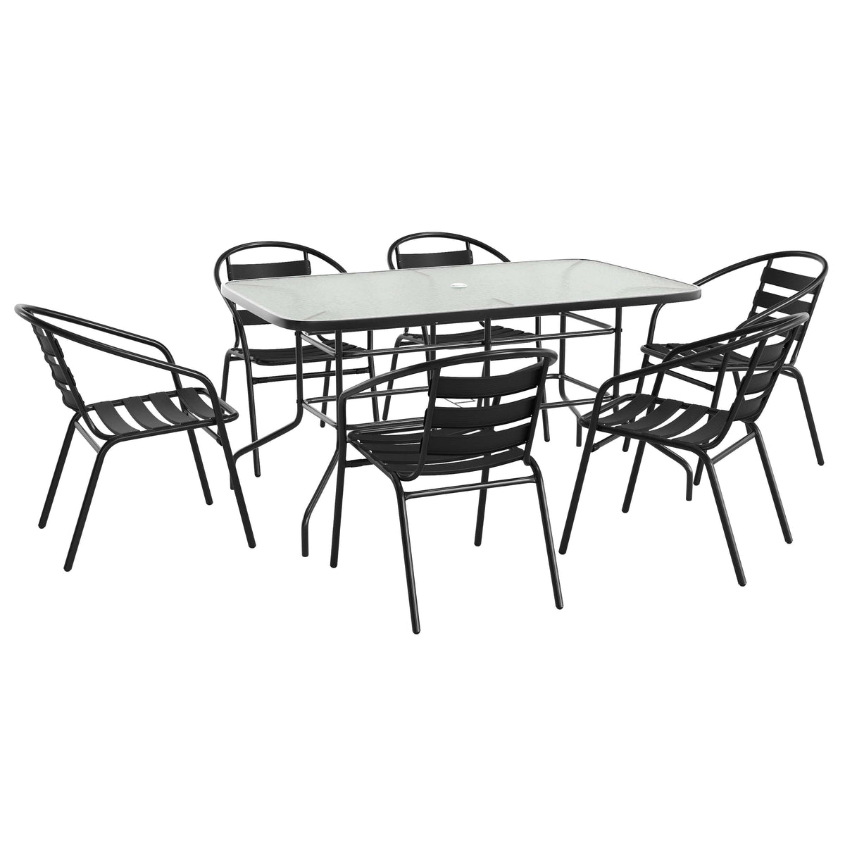 7 Piece Patio Dining Set - Glass Table, 6 Flex Stack Chairs