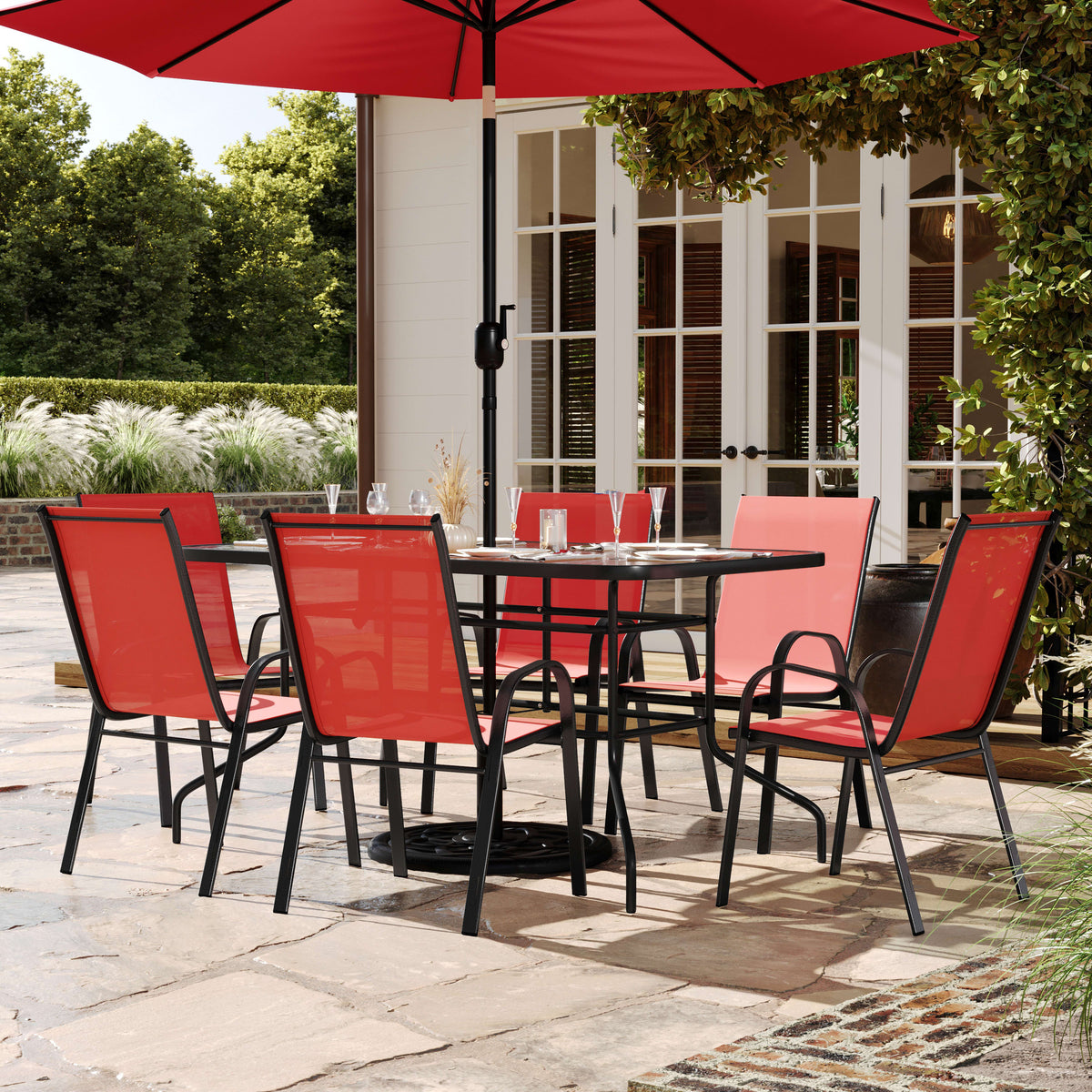 7 Piece Patio Dining Set - Glass Table, 6 Flex Stack Chairs - Image 2