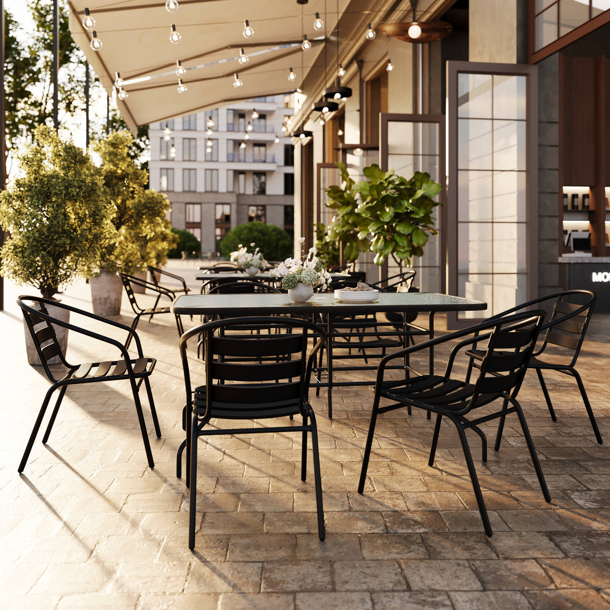 7 Piece Patio Dining Set - Glass Table, 6 Flex Stack Chairs - Image 2