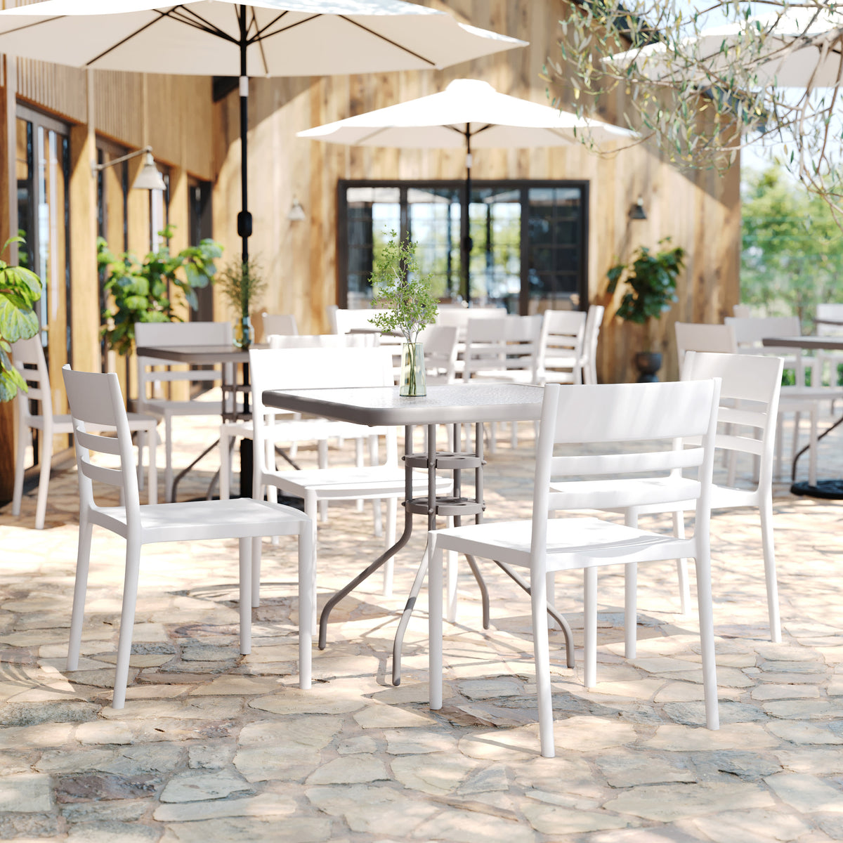 Commercial All-Weather Resin Patio Stack Chair with Slatted Backrest - Image 2