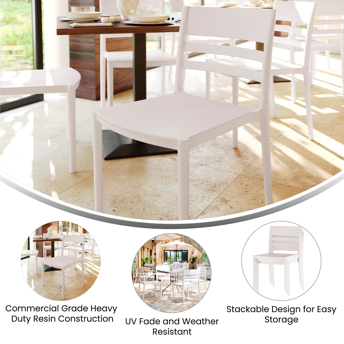 Commercial All-Weather Resin Patio Stack Chair with Slatted Backrest - Image 3