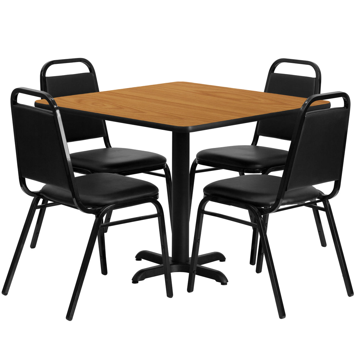 36'' Square Laminate Table Set with X-Base and 4 Trapezoidal Back Banquet Chairs