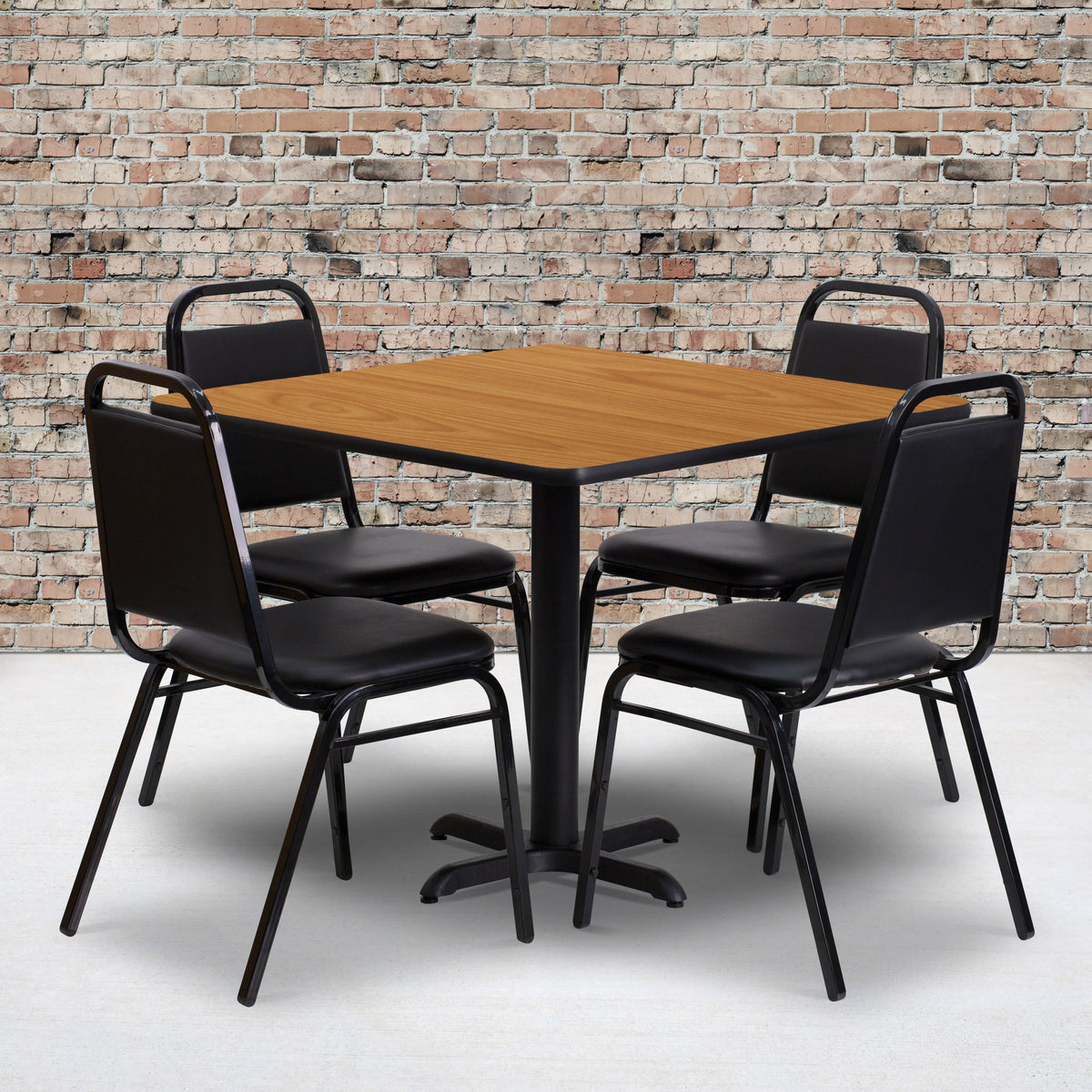 36'' Square Laminate Table Set with X-Base and 4 Trapezoidal Back Banquet Chairs - Image 2