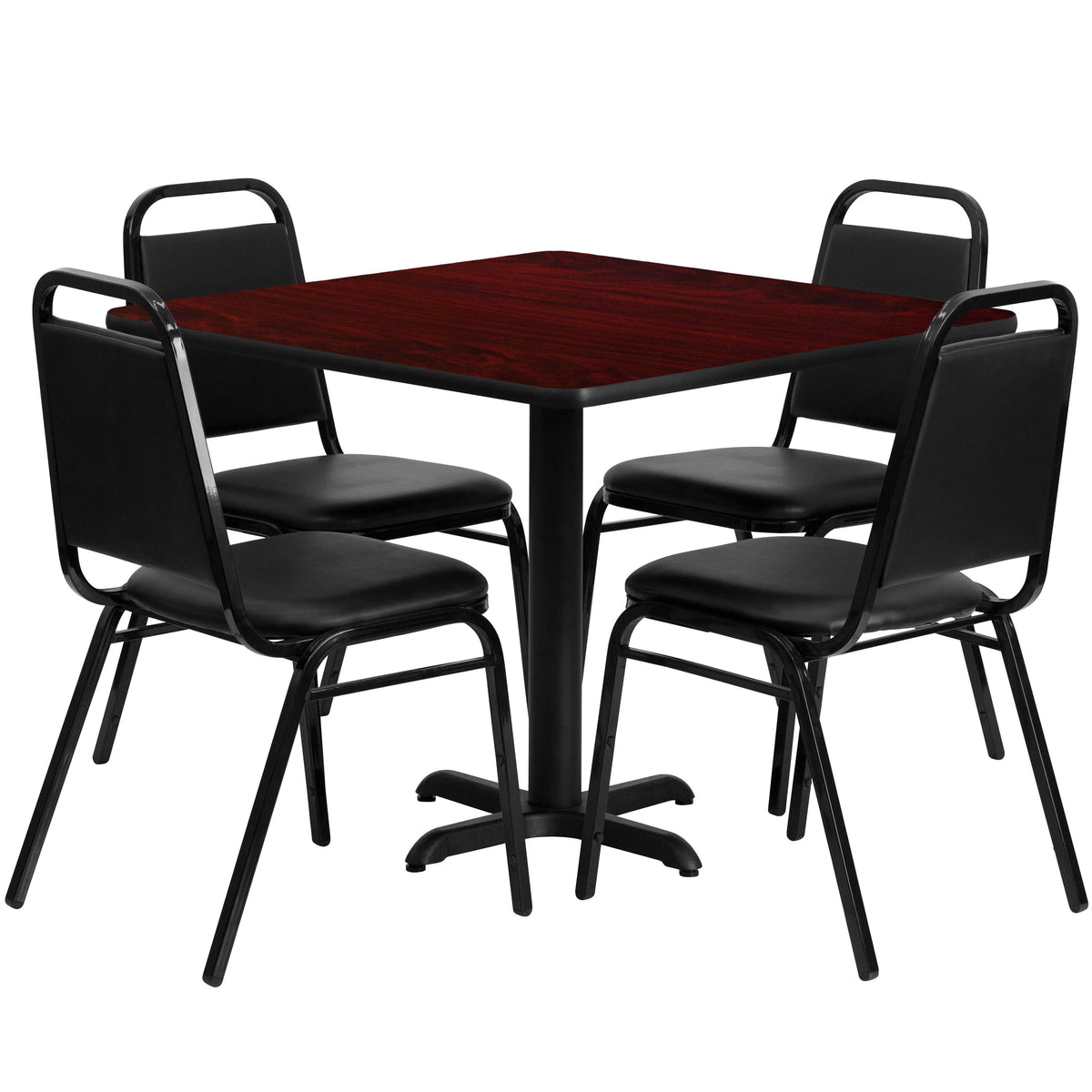 36'' Square Laminate Table Set with X-Base and 4 Trapezoidal Back Banquet Chairs - Image 3