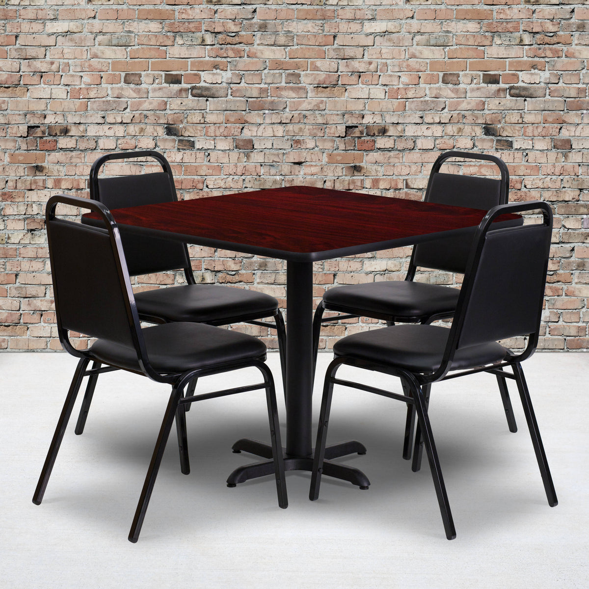36'' Square Laminate Table Set with X-Base and 4 Trapezoidal Back Banquet Chairs - Image 4