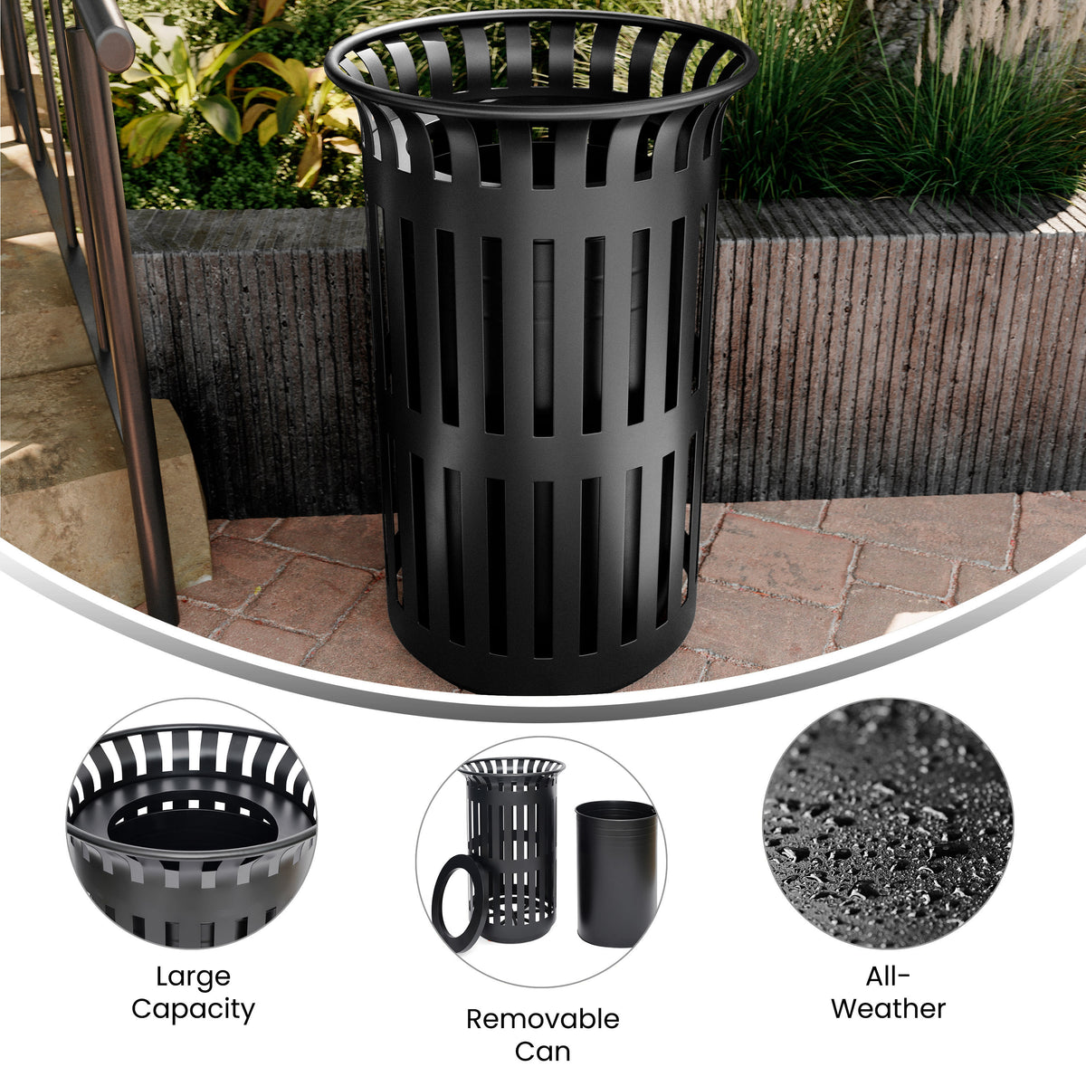 Commercial Outdoor Slatted Steel Trash Can with Inner Bin - Image 3