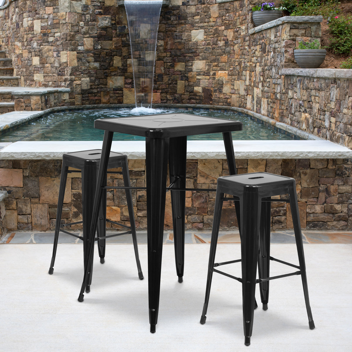23.75'' Square Metal Indoor-Outdoor Bar Table Set with 2 Square Seat Stools - Image 2
