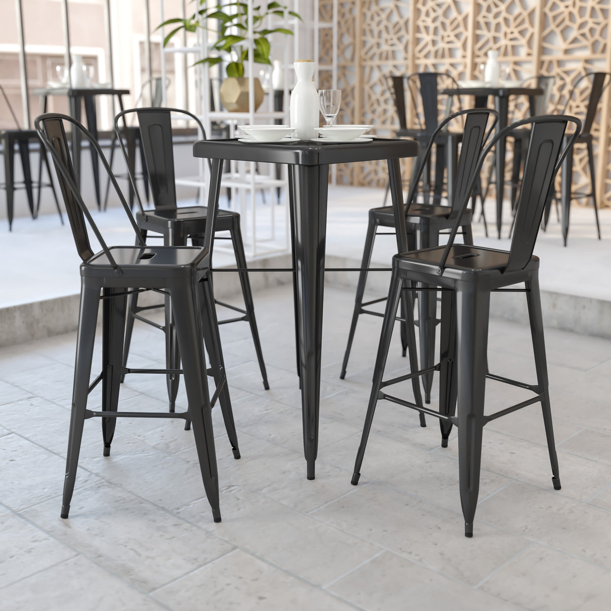 23.75'' Square Metal Indoor-Outdoor Bar Table Set with 2 Stools with Backs - Image 2